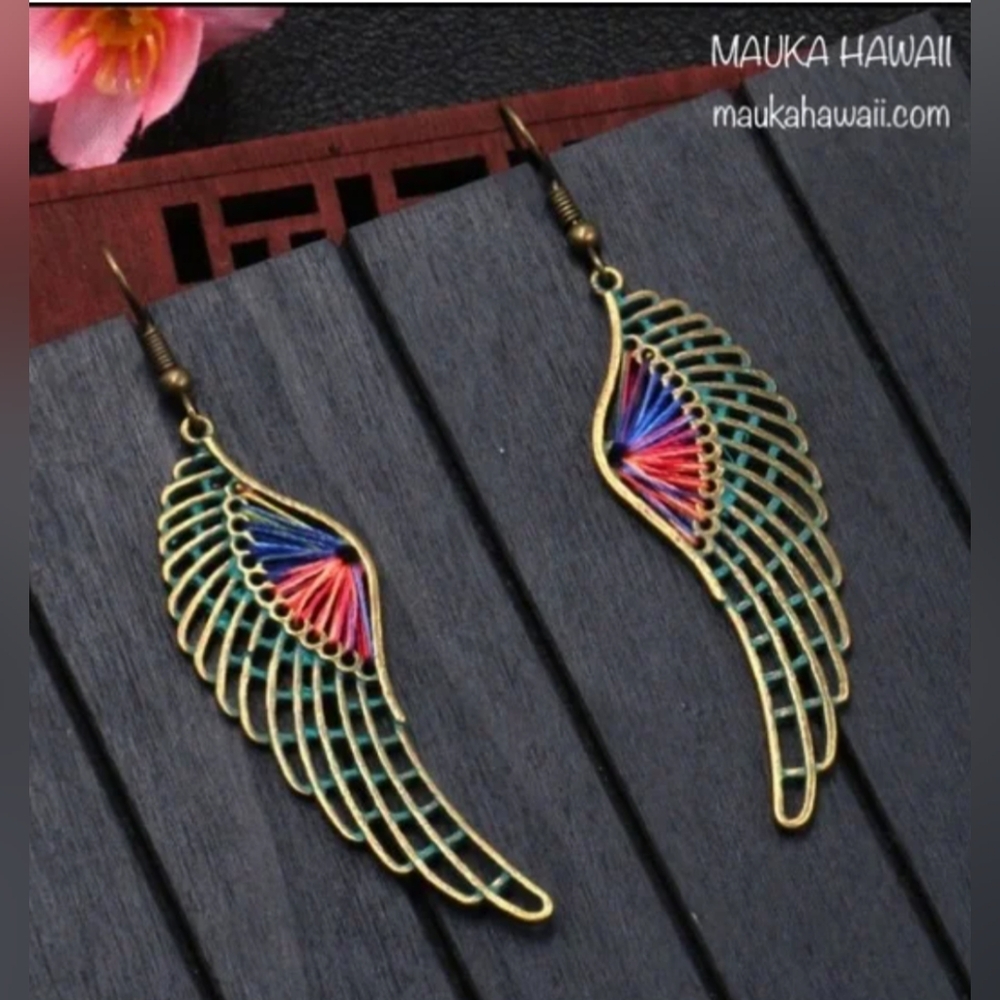 Angel Bird Wing Dangle Earrings Copper Bronze Exterior Colorful Macrame Thread